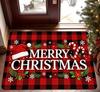 Home Plaid Christmas Rug Red Black Checkered Pattern Wreath Pinecone Snowflake Non Slip Soft Carpet For Winter Entryway Decor
