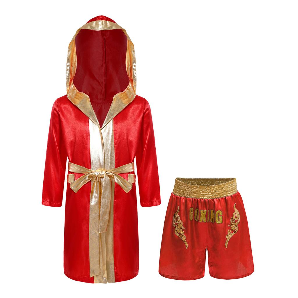 Детский костюм для бокса, атласный халат с капюшоном и поясом и шорты с пайетками, металлическая отделка, принт с буквами