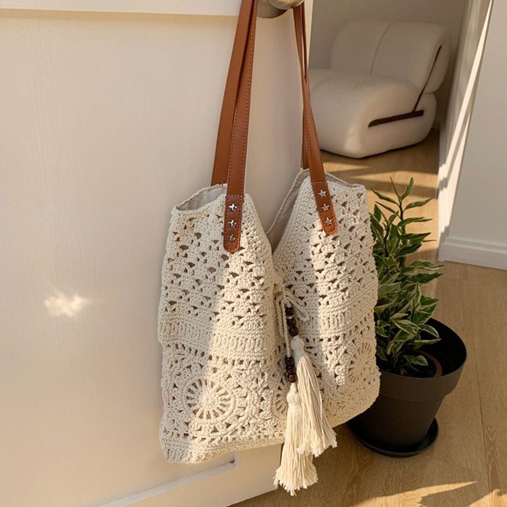 Simple Bohemian Crochet Tote Bag Hollowed Out Ethnic Style Boho Weave Bag Handbag Large Capacity Knitted Bag Picnic