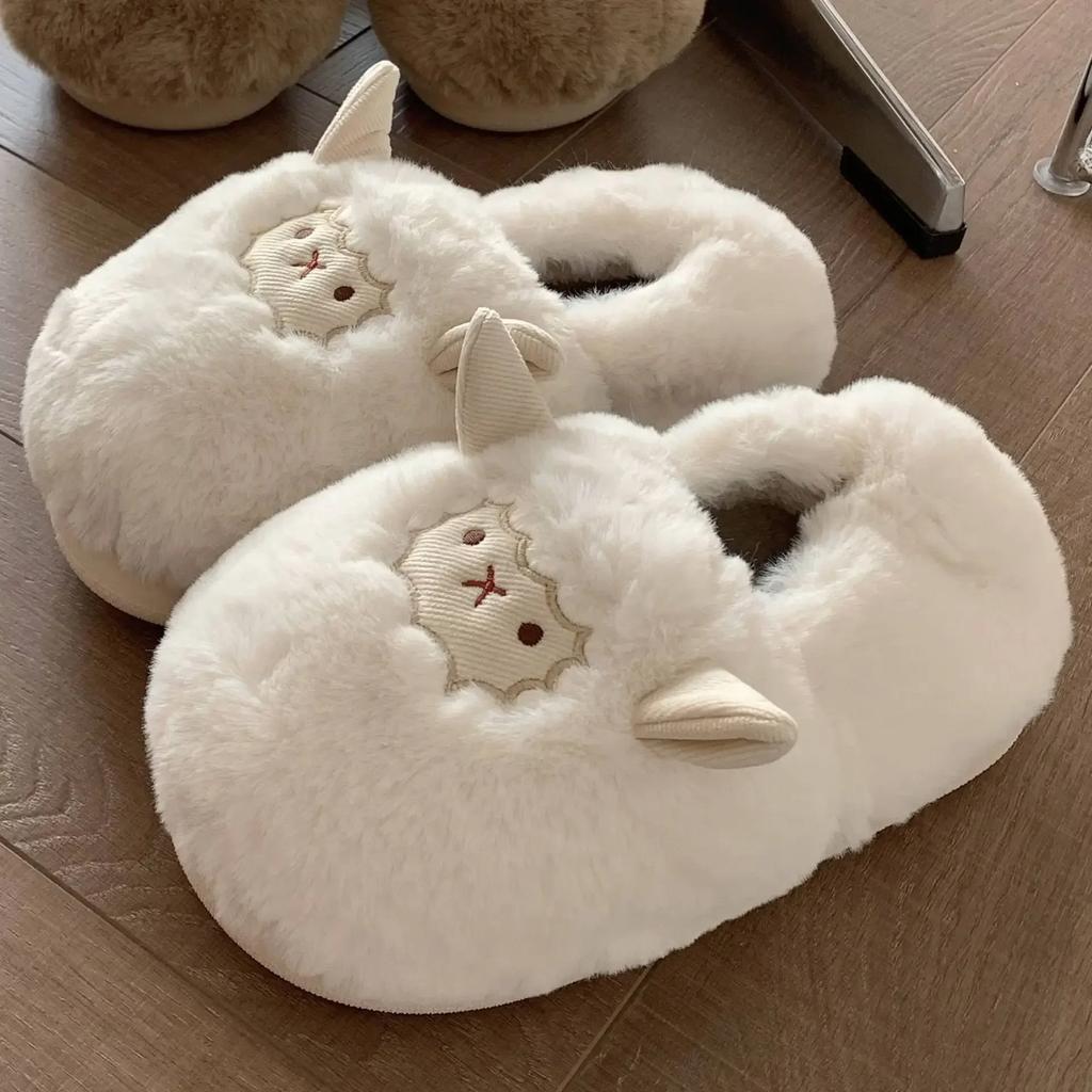 Fashion Cartoon Cute Fluffy Slippers for Women Winter Indoor House Animals Slippers Ladies Kawaii Faux Fur Slides Sheep Cotton Shoes2024