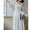 Women White Long Morning Robe Princess Two-Pieces Lace Nightgown Gauze Full Sleeve Nightdress Lining Spaghetti Strap Nightie New