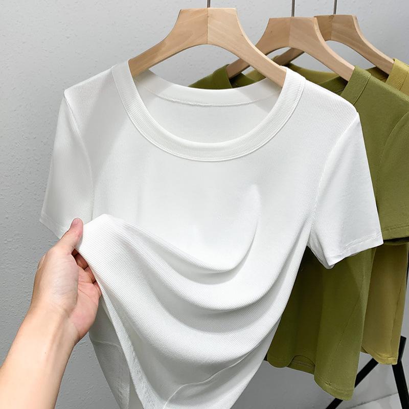 Футболка с коротким рукавом, женская, новая, женская, с широким круглым вырезом, однотонная футболка, колготки с эластичной резинкой на талии