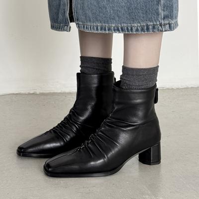 Мода 2025 Зимняя Женская Обувь Натуральная Кожа Женские Сапоги До середины икры Современные Сапоги Женские Однотонные На среднем каблуке Женская Обувь Плиссированная