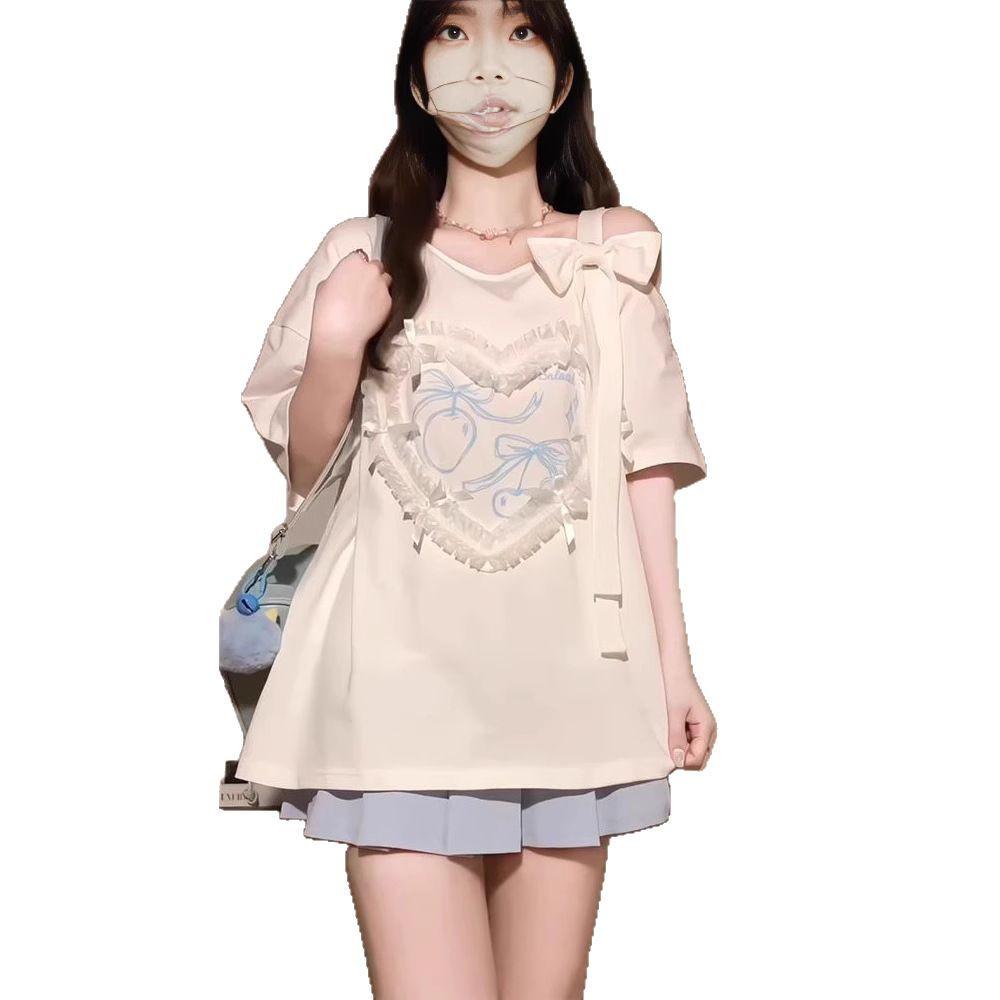 Chic One-Shoulder Lace Bow Cotton T-Shirt - Summer Short-Sleeve Loose Fit