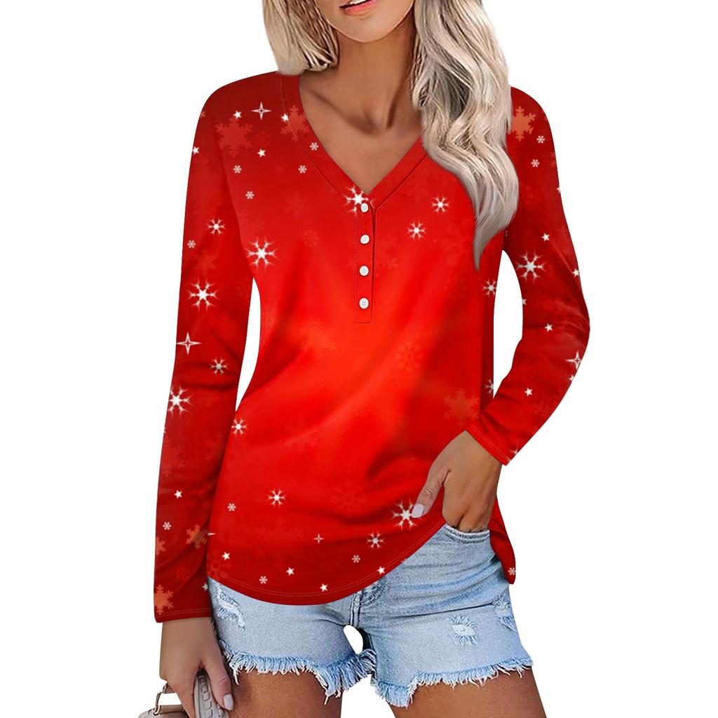 Женская повседневная мода сексуальный комфорт рождественский принт V-образный вырез пуговицы длинный рукав
