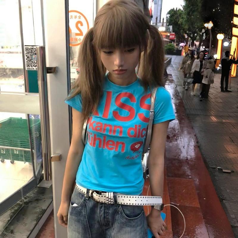 Japanese Y2k Letter Print T-shirt Trashy 2000s Style Crop Top Vintage Harajuku Short Sleeve Tee Shirt American Retro 90s