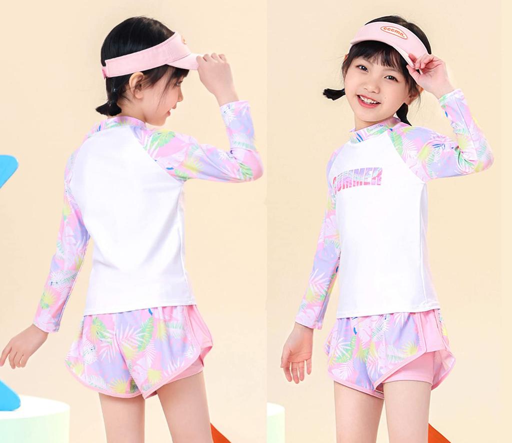 AILAYRI Kids' Swimsuit, Girls' Two-Piece Rash Guard Set, Long Sleeves and Shorts, UV Protection, Quick-Drying, for Pool Use (2XL, Pink)