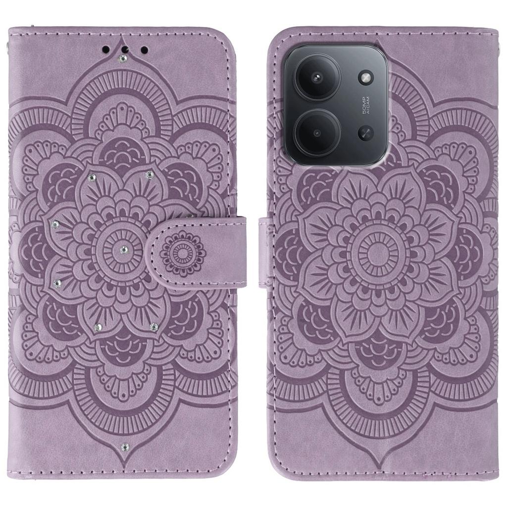 For Xiaomi Redmi 15C 5G (EU) (173mm)/15C 4G (EU) (173mm) Case Rhinestone Decor PU Leather Mandala Imprint Phone Cover with Wrist Strap
