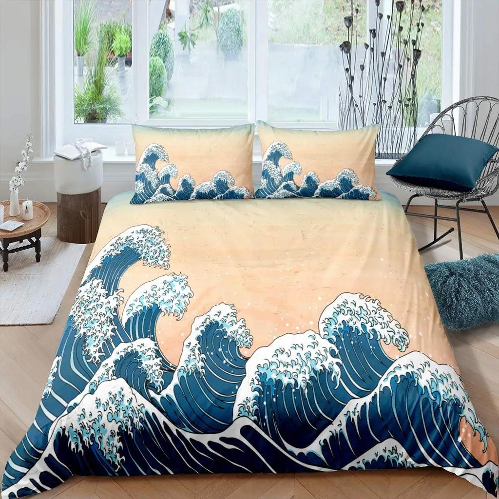 Японская волна Король Королева Пододеяльник Синий Морской Постельный комплект Кленовый лист Луна Покрывало Хокусай Укиё-э Полиэстер Чехол для одеяла