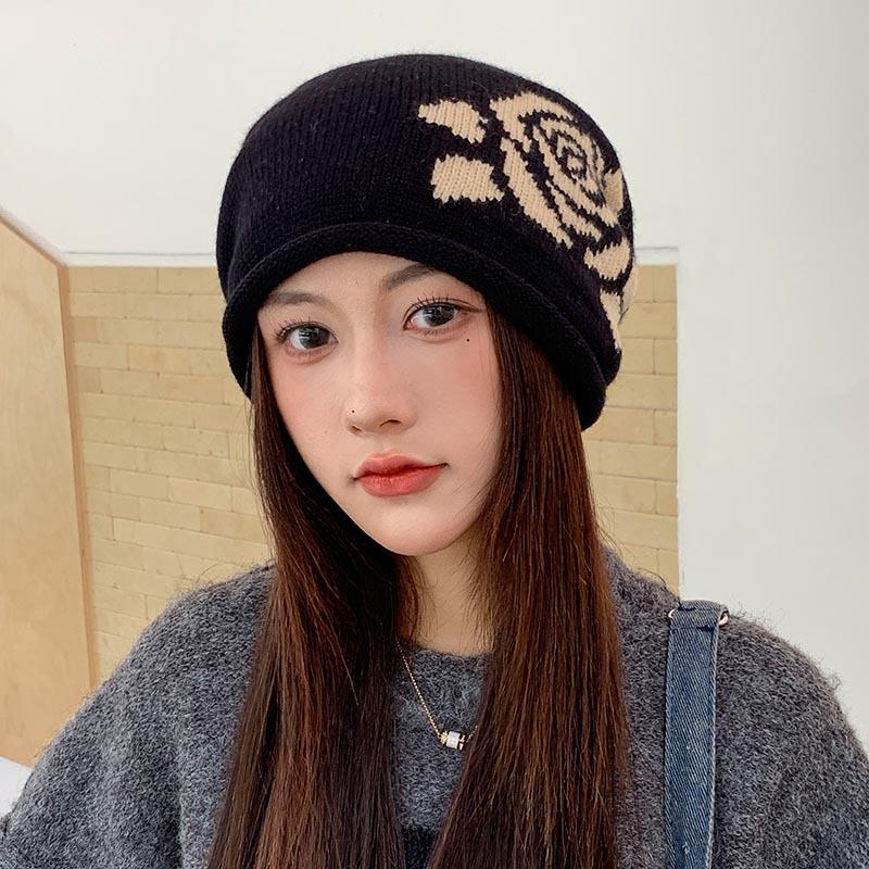 Rose Jacquard Drawstring Stacking Hat Women's Autumn and Winter New Versatile Curling Face Small Baotou Hat Ear Protector Knitted Cold Hat