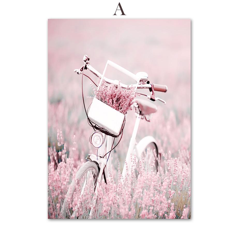 Розовый пион, озеро, велосипед, дерево, восход солнца, цветочный настенный художественный холст, картина, плакаты на скандинавскую тему и принты, настенные панно для декора гостиной