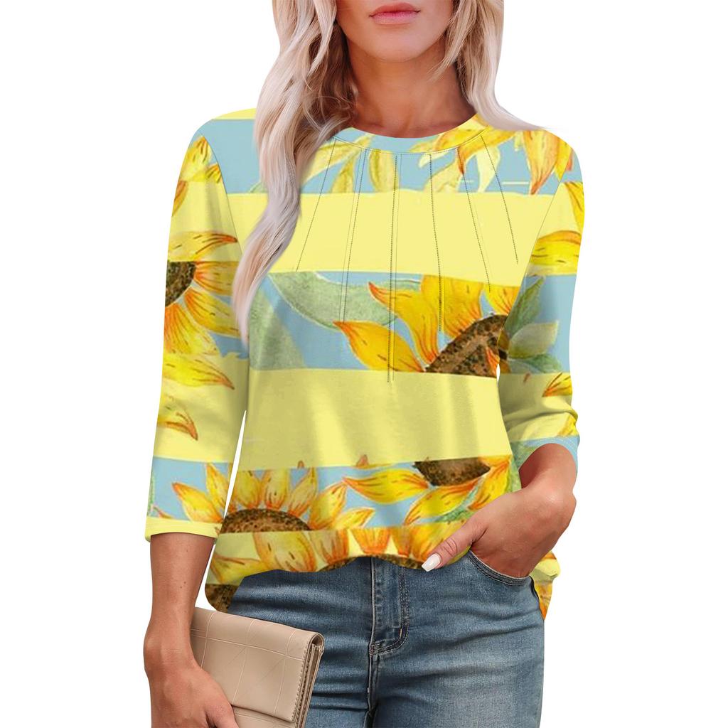 Women's Casual Round Neck Slim Sunflower Print Pleated Seven Sleeve Top