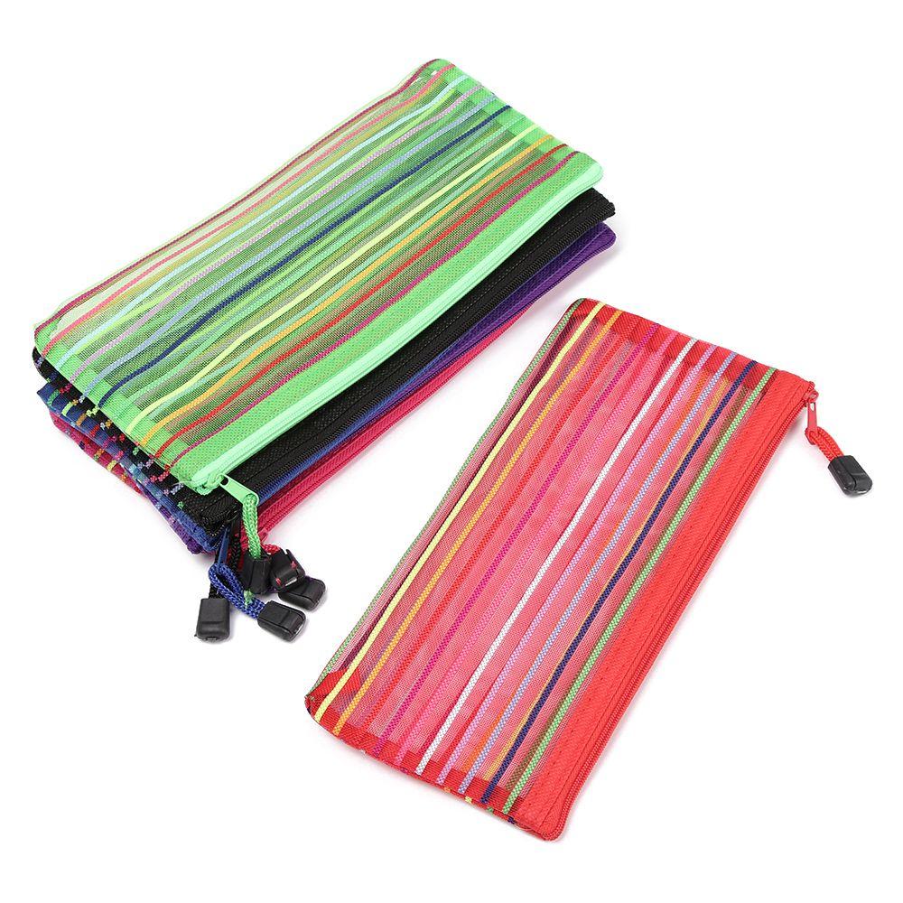 Stationery Rainbow Color Makeup Nylon Cosmetic Storage Grid Zipper Pencil Case Mesh Pen Bag