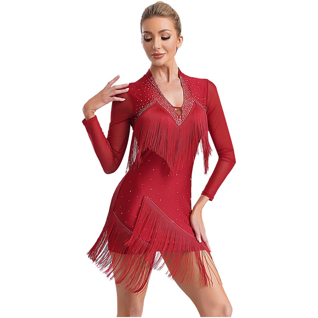 Женское платье для латинских танцев с V-образным вырезом и длинным рукавом, блестящая бахрома из страз, костюм для выступлений в стиле танго, румба, ча-ча-ча