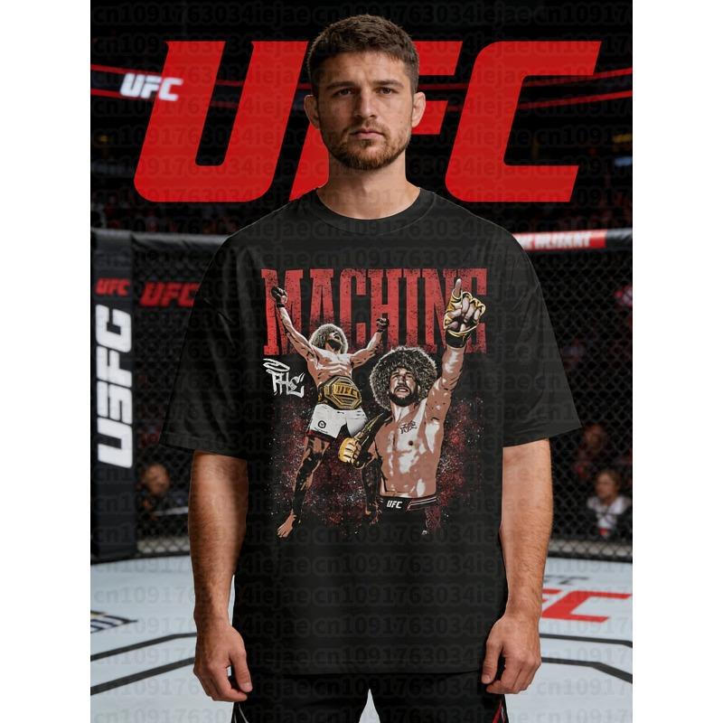 202526 Летний UFC Машина UFC Графическая футболка Мужская и женская Повседневная Спортивная 100% Хлопок Печатная футболка Комфорт Верх Свободный