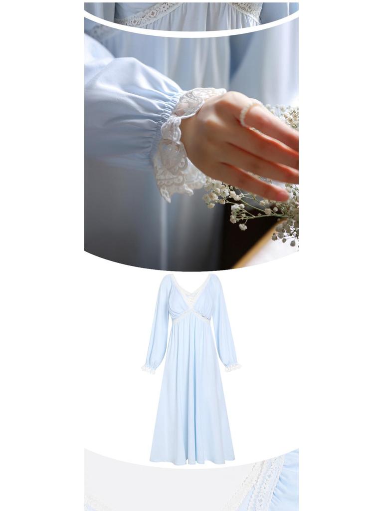 Women's Retro Palace Lace Nightdress, Cotton, Long-Sleeved, V-Tie, Chest Pad, Suitable for Outdoor Wear, Spring/Autumn Homewear