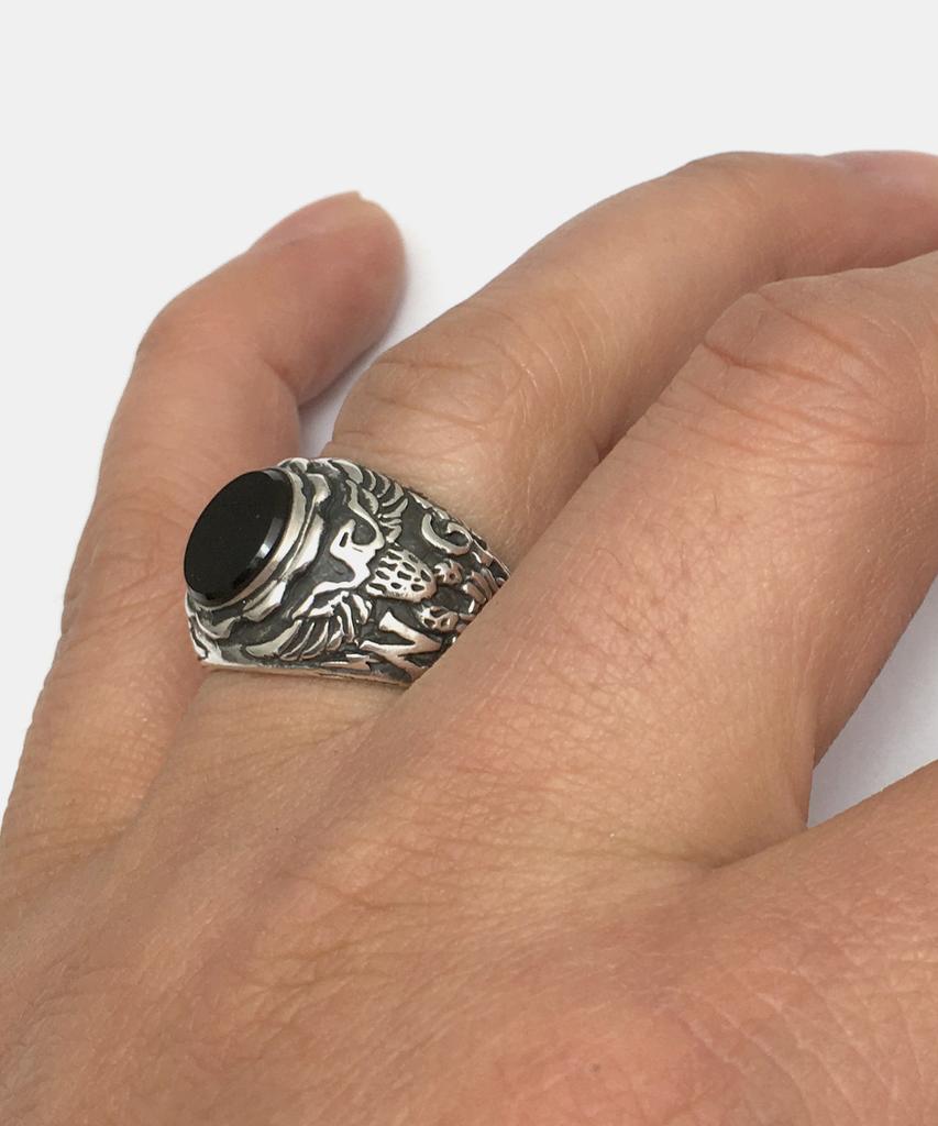 Sheen666 Onyx Eagle Crest Silver Ring (Type A)