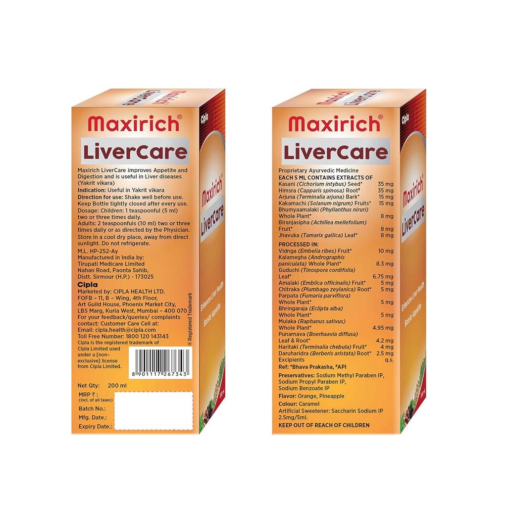 Cipla Maxirich Livercare 200 Ml 1 Pack Ayurvedic Herbal Syrup for Healthy Digestion & Liver Support
