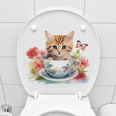 Милые наклейки на стену с изображением кота, водонепроницаемые виниловые наклейки, дизайн чашки для чая, декор для зоомагазина, ванная комната, кухня, съемная палочка для домашнего декора