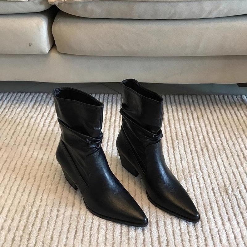 Модные Новые Роскошные Женские Кожаные Сапоги для Женщин Осень Зима на Массивном Каблуке Ковбойские Сапоги Женские Свободные Голенища до Середины Икры Плиссированные Западные Сапоги