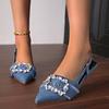 Fashion Denim Blue Women Sandals Elegant High Heels Slingback Pointed Toe Shoes Fashion Desiger Rhinestone Woman Pumps Wedding Shoes