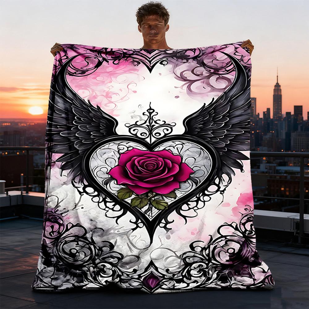 1pc Heart Wings Rose Outdoor Flannel Blanket Soft All Season Polyester Throw , Perfect for Picnics & Travel , Picnic Accessory