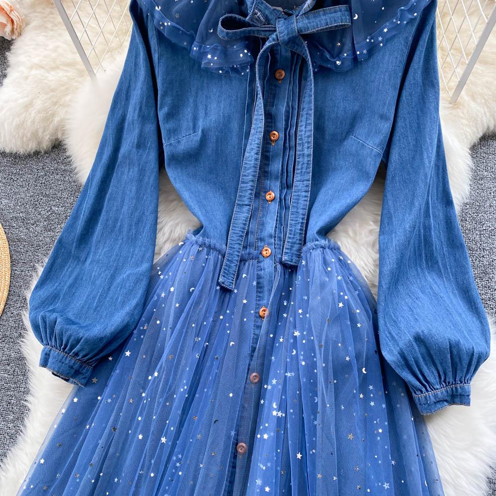 Весеннее новое платье с воротником-стойкой и застежкой на талии, элегантное платье-рубашка из денима с сетчатой строчкой и эффектом старения