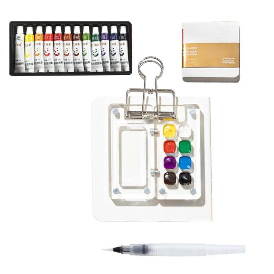Mini Watercolor Kit Travel Watercolor Paint Set with Sketchbook Binder Clip Pen Portable Watercolor Palette with 12/24 Color Paints for Beginners