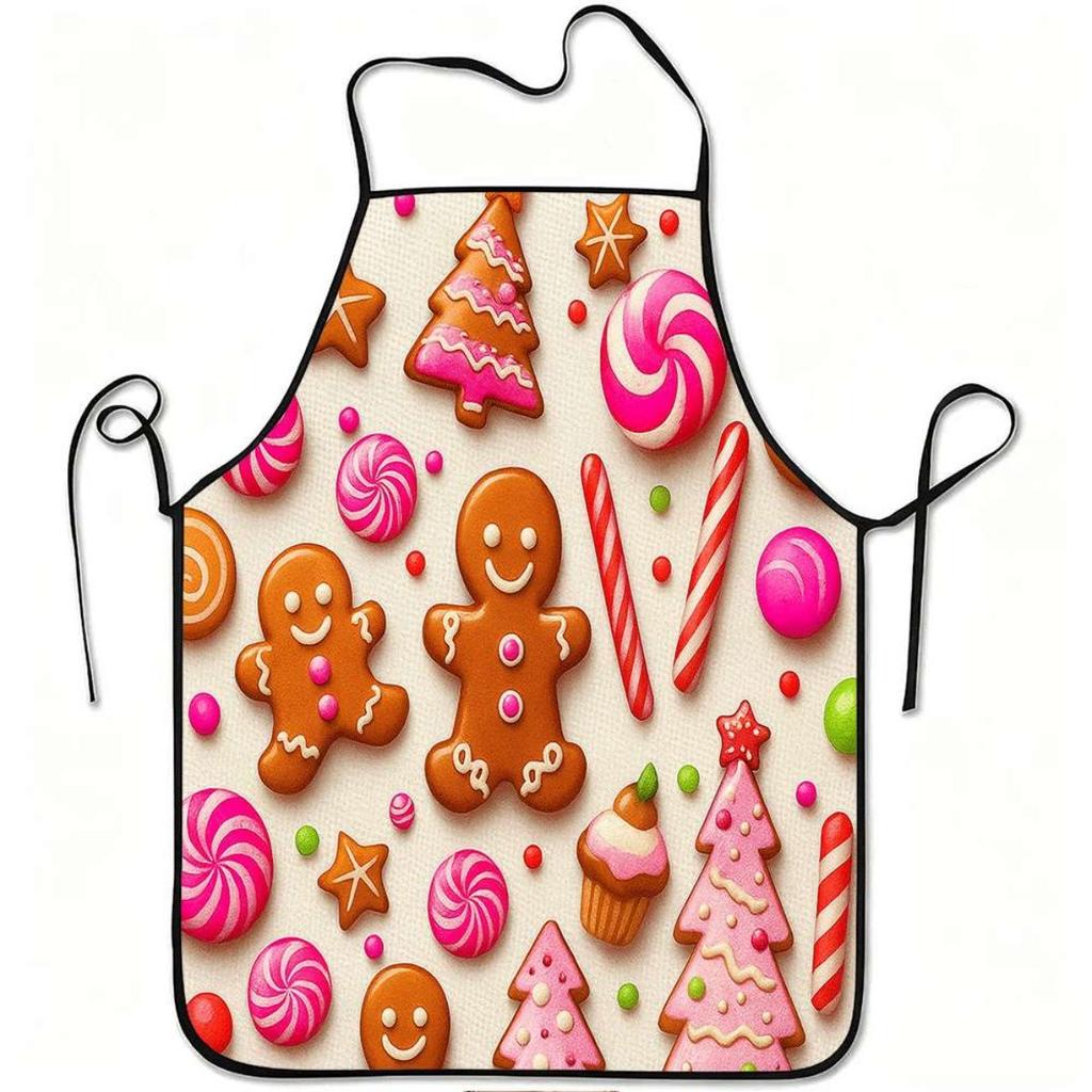 1pc Gingerbread Man Patterned Apron, Decorated with Gingerbread Men And Sugar Frosting Print - Adjustable Waistband, Made of Durable And Easy-To-Clean