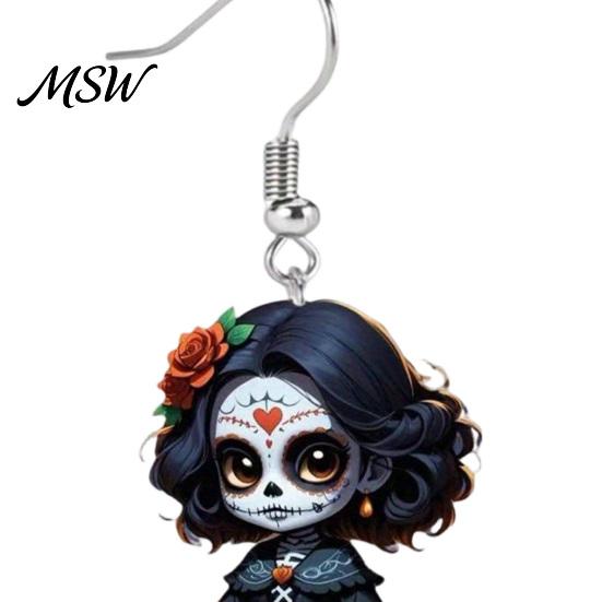 Cartoon Witch Earrings Halloween Earrings, Gothic Drop Lightweight Acrylic Pendant Eye-catching Accessories for Women Girls Day of The Dead Retro Rose