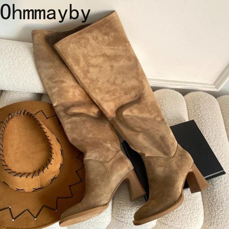 Модные женские сапоги до колена в стиле вестерн, модные плиссированные туфли-лодочки, осень-зима, толстый каблук, женские, современные, длинные сапоги