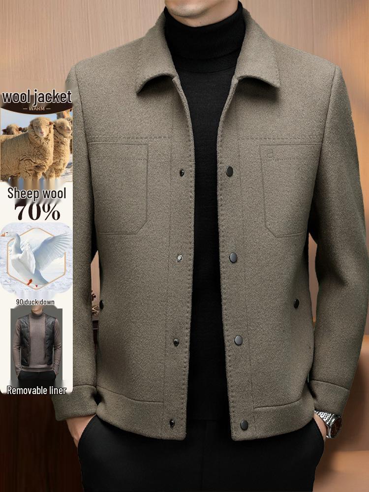 Модная мужская зимняя шерстяная куртка со съемной пуховой подкладкой и воротником-стойкой