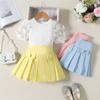 Girls Fashion Mesh Knitted Striped White Shirt + Candy Color Pleated Skirt Suit for Children