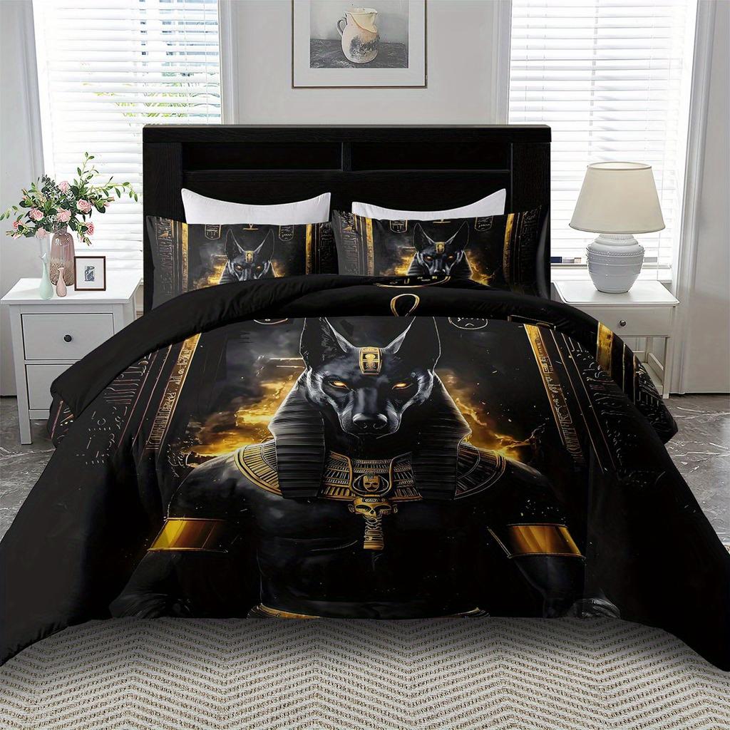 2/3Pcs Egyptian Anubis God Print Duvet Cover Set, 2D Flat Printing King Queen Size Polyester Bedding with Pillowcases
