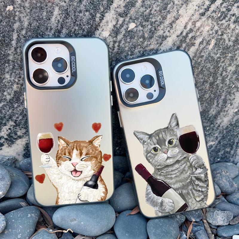 Чехол для телефона с жидким красным вином и милым котиком для iPhone 16 15 14 13 Mini Pro Max 12 11 Pro Max 15 14 Plus Ударопрочные лазерные чехлы