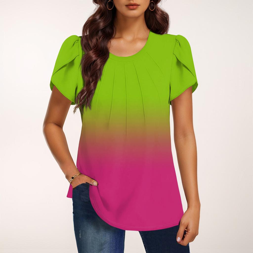 Женская модная футболка с круглым вырезом и коротким рукавом с градиентным принтом, повседневная базовая плиссированная футболка-пуловер