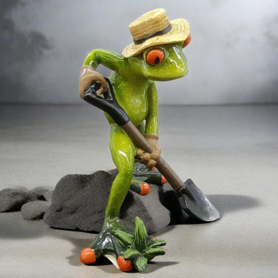 Садовая лягушка, держащая лопату, зеленая лягушка, смоляная статуэтка, фермерское животное, скульптура, украшение для домашнего офиса, рабочего стола, украшение для сада в помещении и на открытом воздухе