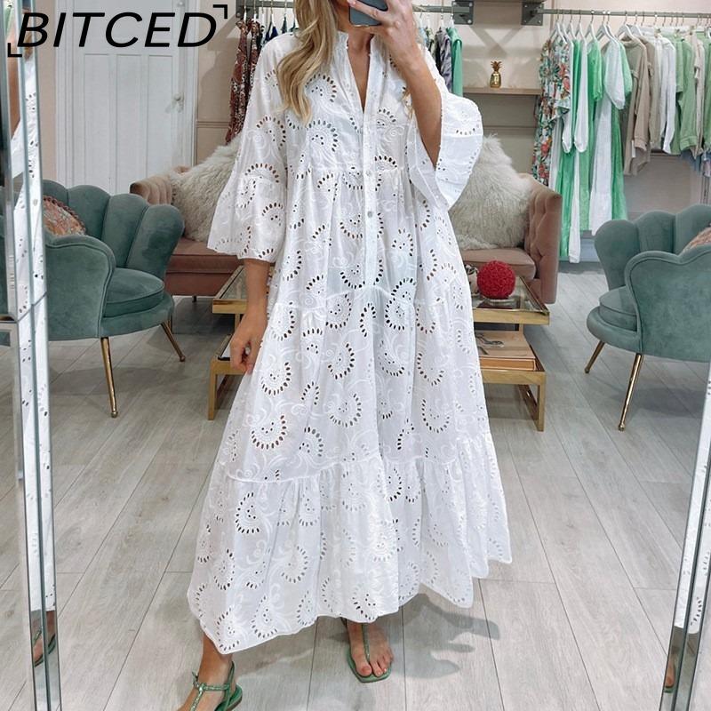 BITCED Женское летне-осеннее чувственное длинное платье однотонное с V-образным вырезом, рукавами-клеш, украшенное кружевом