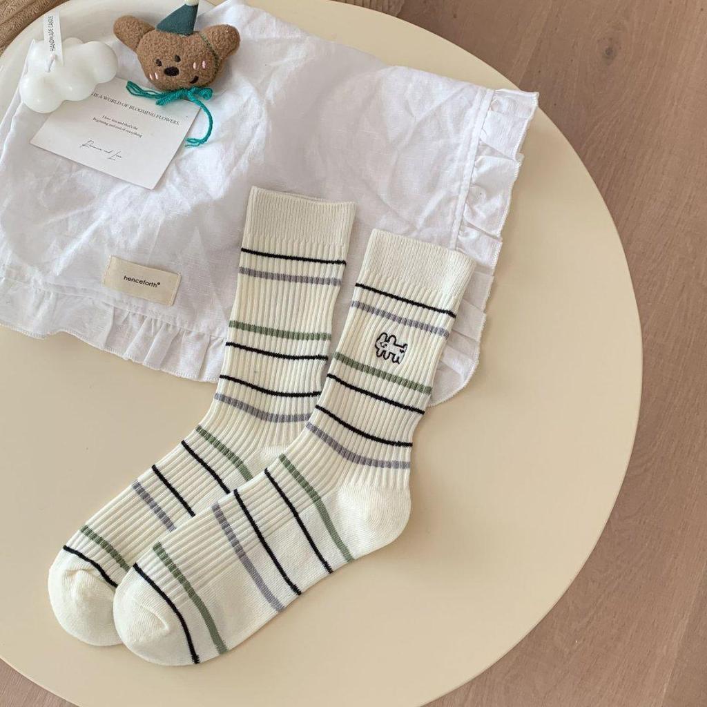 Мультяшная вышивка щенка, милые носки, женские осенне-зимние носки средней длины, корейские полосатые хлопковые вязаные эластичные длинные носки