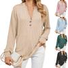 Women's Casual Solid Color Long Sleeved Button Loose V-neck Top
