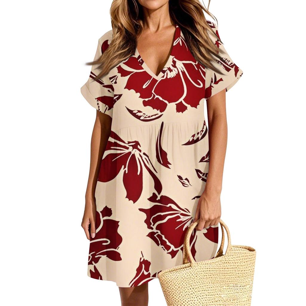 Женское повседневное модное платье с винтажным цветочным принтом и коротким рукавом и V-образным вырезом