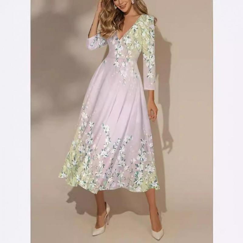 VEZFAA Женская мода весна осень цветочный узор принт рукава 3/4 V-образный вырез средняя талия повседневные платья