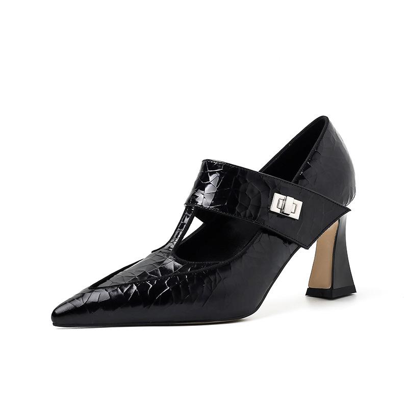 Мода Легкая Роскошь 2024 Винтажная Кожа Коровы Золотые Туфли Мэри Джейн С Танга Женские Толстые Каблуки Остроносые Одинарные Туфли Женские Высокие Каблуки