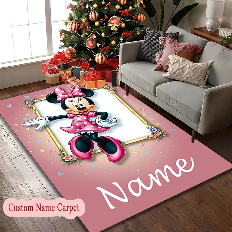 1pc Indoor Rug - Machine Washable Large Floor Mat with Minnie Mouse Pink Flowers Heart Design, Customize Name Area Carpet