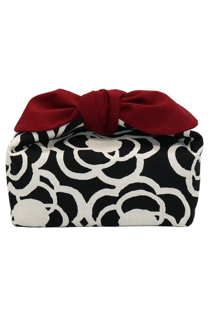 Insulated Lunch Bag, No Drawstring, Tie-On Type, Azuma Bag, Ribbon, Camellia Design (Black X Red)