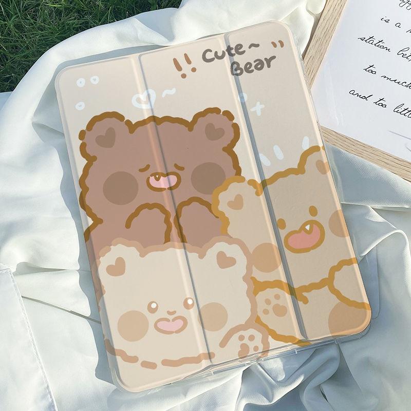 Для iPad Air 4th 10,9 дюймов 2020 Pro 11 2020 2018 Pro 12,9 Милый рисунок медведя с подставкой для карандашей Тройная подставка Смарт-чехол Мягкая задняя противоударная крышка из ТПУ