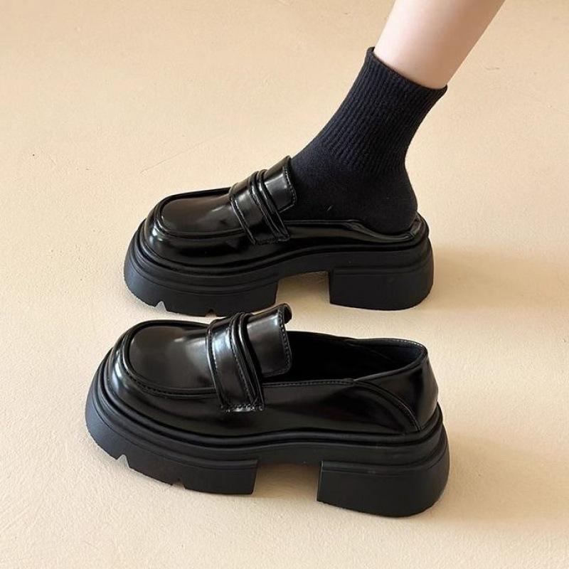 Лоферы женские на толстой подошве весна и осень новые черные, скрытый лифтинг маленькие кожаные туфли британский стиль туфли-лодочки на толстом каблуке