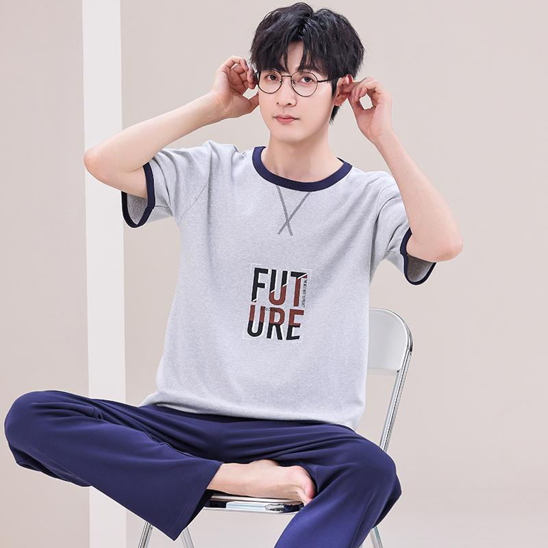 Summer Soft Cotton Pajamas Set for Men Fashion O-neck Pyjamas Short Sleeved Plaid Pants Home Suit