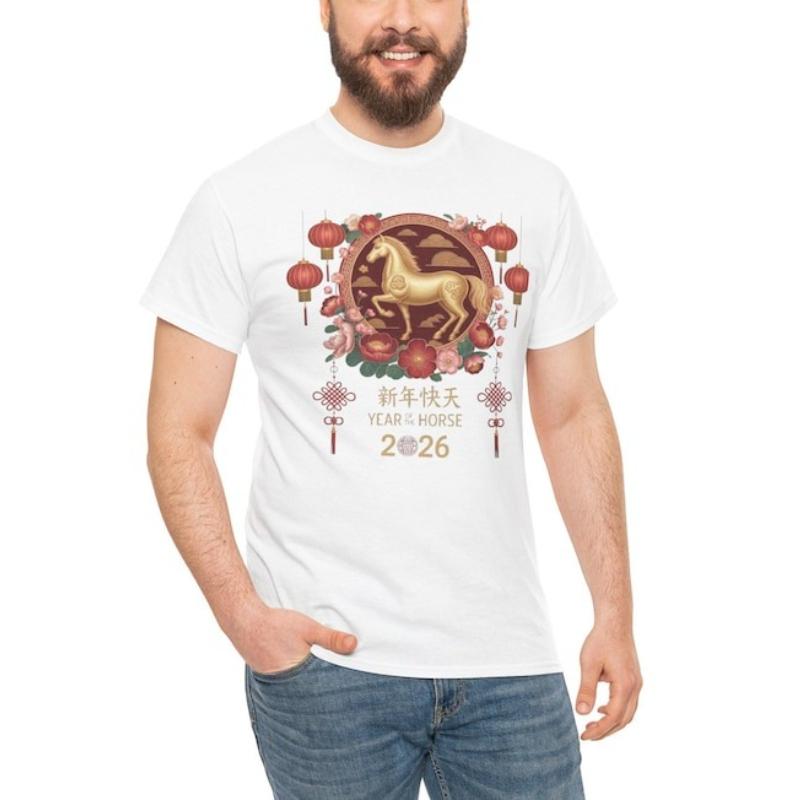 Hello New Year Chinese Unisex Shirt Happy Lunar New Year Horse Gift Crewneck Printed Tshirt Tops Regular Short Sleeve