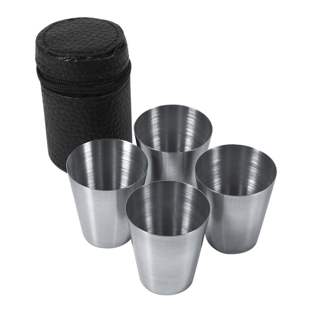 4pcs Stainless Steel Portable Tea Cup Black PU-Leather Case Whiskey Tumbler Cups Travel Use